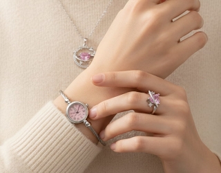 ست زنانه ساعت و گردنبند و انگشتر مدل ماه و ستاره-نقره ای صورتی