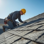 _A construction worker repairing a sloped roof, safety equipment, sunny day_20250827_020804_۰۰۰۰