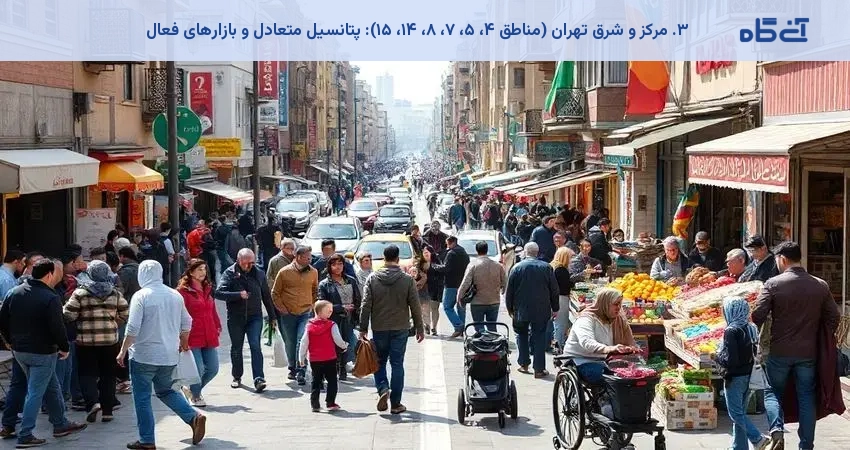۳. مرکز و شرق تهران (مناطق ۴، ۵، ۷، ۸، ۱۴، ۱۵): پتانسیل متعادل و بازارهای فعال