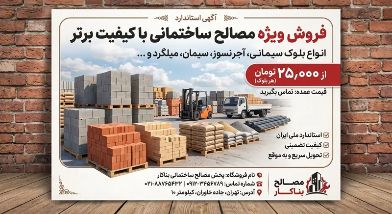 نمونه یک آگهی استاندارد فروش مصالح ساختمانی با عنوان، قیمت و تصویر